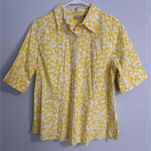 LL Bean Womens Yellow Butterfly Print Button Up Shirt Large Short Sleeve
